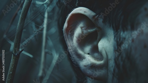Close-up shot of a person s ear in a dark and uncomfortable atmosphere.  Generative Ai