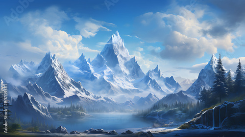 Snow-Covered Peaks  Paint a picture of snow-capped mountains against a clear blue sky.