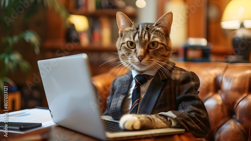 Feline Professional: Cat in Business Attire Working on Laptop in Office. Concept Feline Professional, Cat in Business Attire, Working on Laptop, Office Setting, Pet Product Photography © Anastasiia