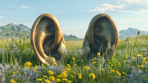 The person's ear was a dull golden color in the middle of a field of flowers. Media for people to listen to the sounds of nature and preserve the environment., Generative Ai photo