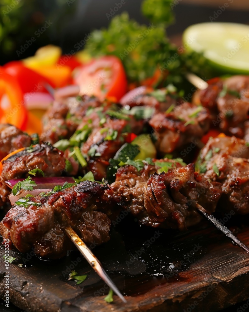 A mouthwatering lamb kebab sizzling on a grill with a garnish of colorful vegetables