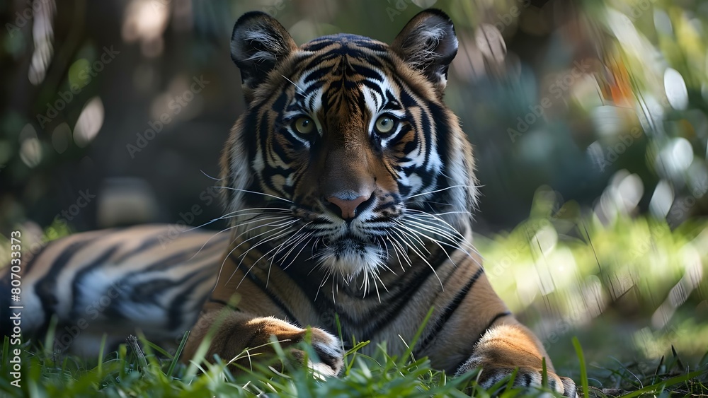 Fototapeta premium Description of a tiger mother a large wild cat with distinctive stripes. Concept Tiger Mother, Wild Predator, Distinct Stripes, Fierce Protector, Majestic Creature