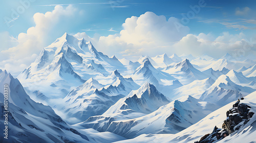 Snow-Covered Peaks: Paint a picture of snow-capped mountains against a clear blue sky.