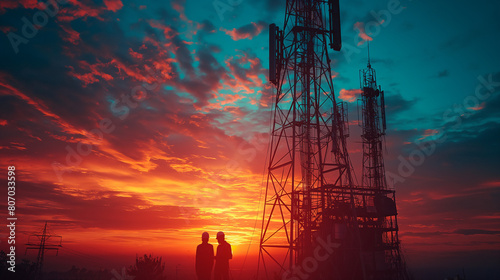 Silhouette of Teams Engineers and supervisors working at telecommunication network towers.
