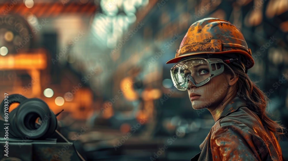Fototapeta premium A Female Steel Factory Worker Is Captured In Action At Work, Background HD For Designer