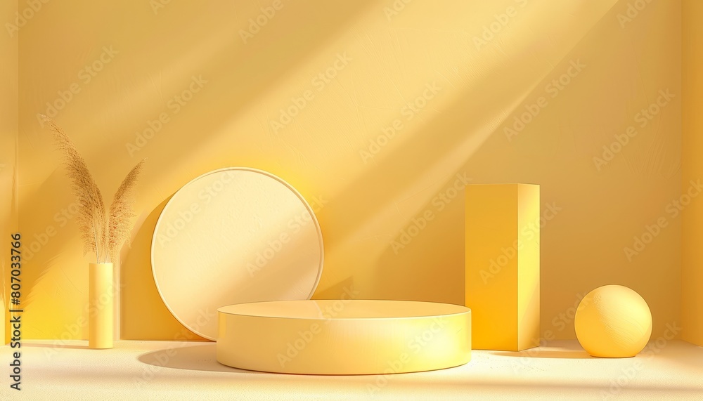 A modern abstract podium with geometric shapes in a circle, set in a minimalistic yellow scene, perfect for contemporary product displays A modern abstract podium with geometric shapes in a circle, set in a minimalistic yellow scene, perfect for contemporary product displays