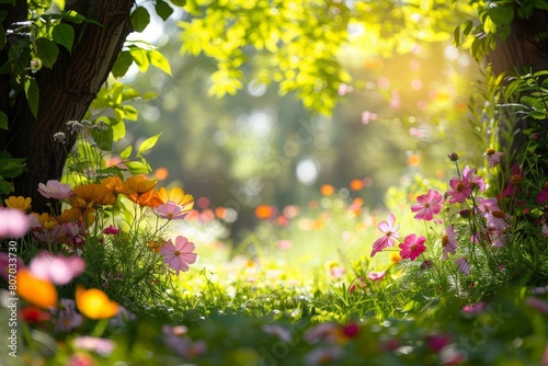 beautiful garden with lot of flowers and tree in the background, summer flowers background