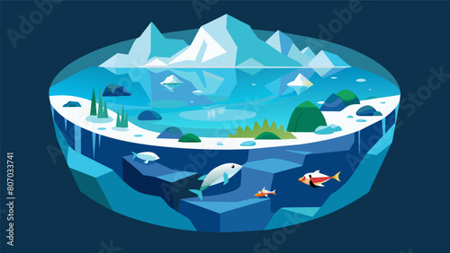 An extraordinary aquarium that replicates a polar seascape with icebergs glaciers and cold water species adapted to the frigid temperatures and. Vector illustration