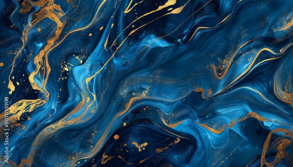Obraz premium An abstract texture background in blue and gold, creating a vibrant and artistic setting with liquid paint effects, suitable for creative wallpapers or elegant designs