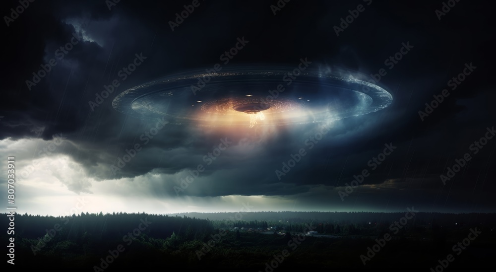 UFO, unidentified flying object, or aliens modern spaceship with light beam flying on dark cloudy sky over someplace in the earth. Generative AI. UFO, unidentified flying object, or aliens modern spaceship with light beam flying on dark cloudy sky over someplace in the earth. Generative AI.