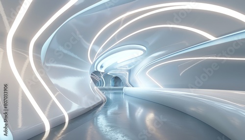 A futuristic white 3D room with abstract neon lighting and a tunnel-like design, portraying an advanced technology space or a modern interior concept