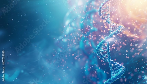 A scientific DNA gene background featuring a helix structure in 3D, set in a blue digital environment, symbolizing advanced medical and biotechnology research © DruZhi Art