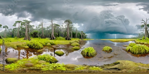 panoramic equirectangular image of a swampy prehistoric forest