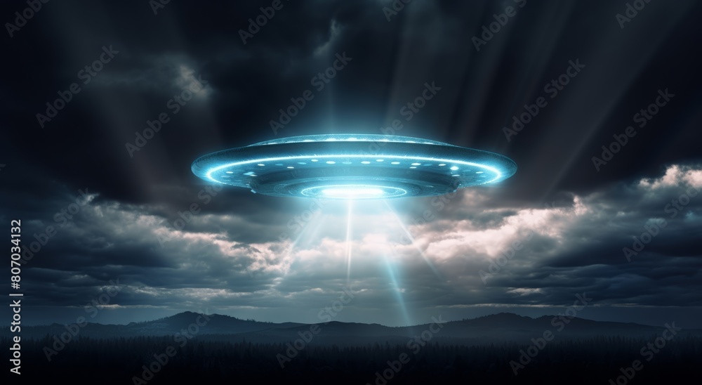 UFO, unidentified flying object, or aliens modern spaceship with light beam flying on dark cloudy sky over someplace in the earth. Generative AI.