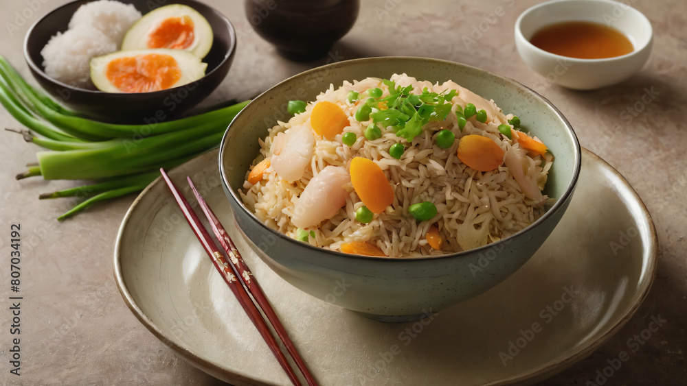 bowl of rice with vegetables and chopsticks on the side bowl of rice with vegetables and chopsticks on the side