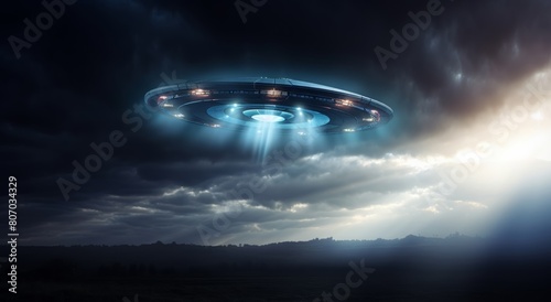 UFO, unidentified flying object, or aliens modern spaceship with light beam flying on dark cloudy sky over someplace in the earth. Generative AI. photo