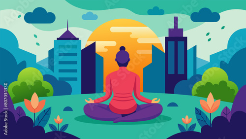 A meditative figure in a tranquil park surrounded by a chaotic urban skyline.. Vector illustration