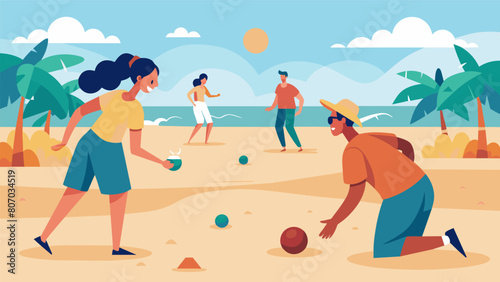 In the midst of a crowded beach two strangers strike up a conversation as they compete against each other in an intense game of bocce ball.. Vector illustration