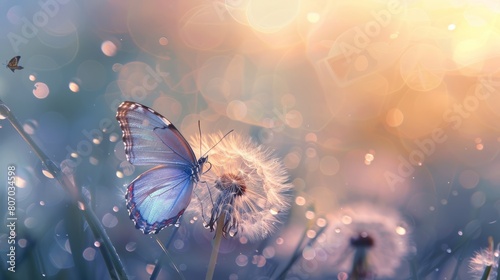 Natural pastel background. Morpho butterfly and dandelion. Seeds of a dandelion flower in drops of water on a background of sunrise 