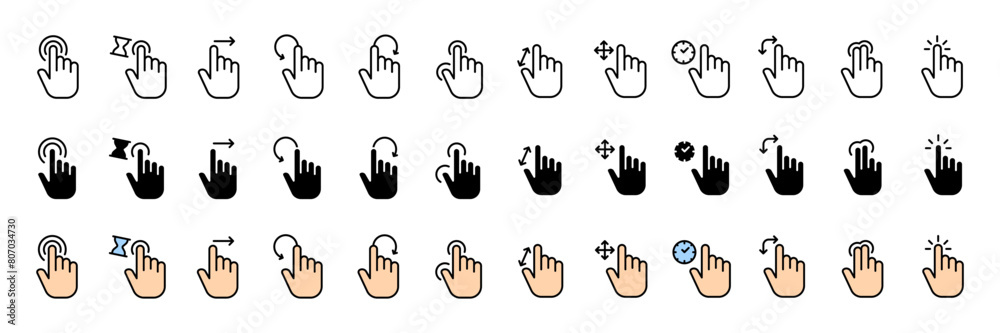 Swipe symbols icon collection. Hand buttons. Linear, silhouette and flat style. Vector icons Swipe symbols icon collection. Hand buttons. Linear, silhouette and flat style. Vector icons