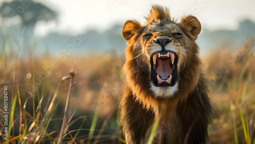 Lion Roaring Up Close: Intense Expression and Wide-Open Mouth. Concept Wildlife Photography, Animal Behavior, Intimidating Gestures, Ecological Awareness photo