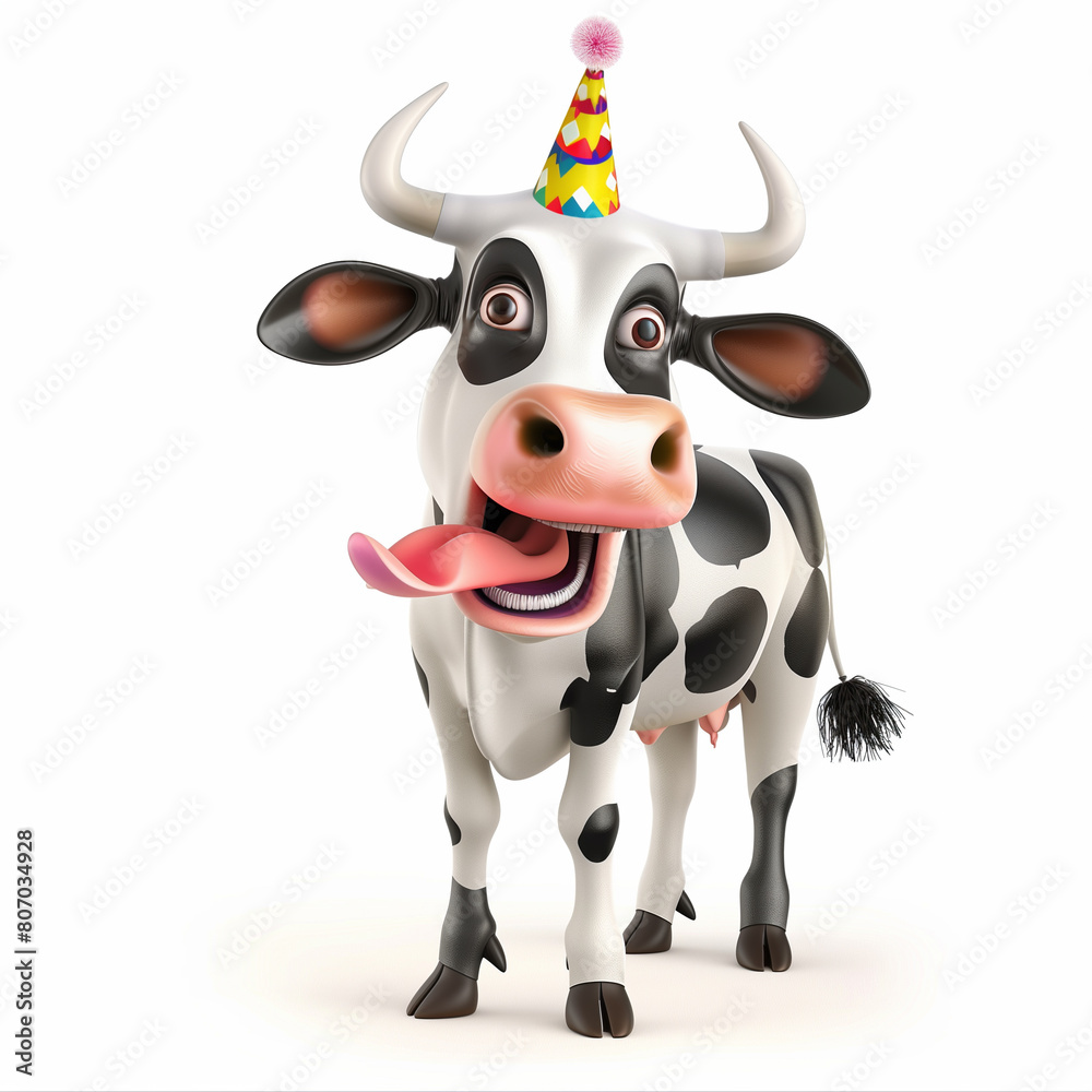 Funny cartoon cow wearing party hat and sticks out tongue isolated over white background. Cute 3D cow ready for a party. Celebrating a birthday. Design for greeting card, invitation card. Funny cartoon cow wearing party hat and sticks out tongue isolated over white background. Cute 3D cow ready for a party. Celebrating a birthday. Design for greeting card, invitation card.