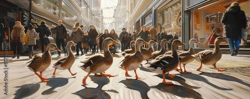 Ducks waddling in single file through a busy shopping district, unfazed by passing shoppers photo