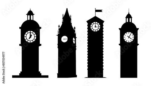 set of clock tower silhouettes, isolated background