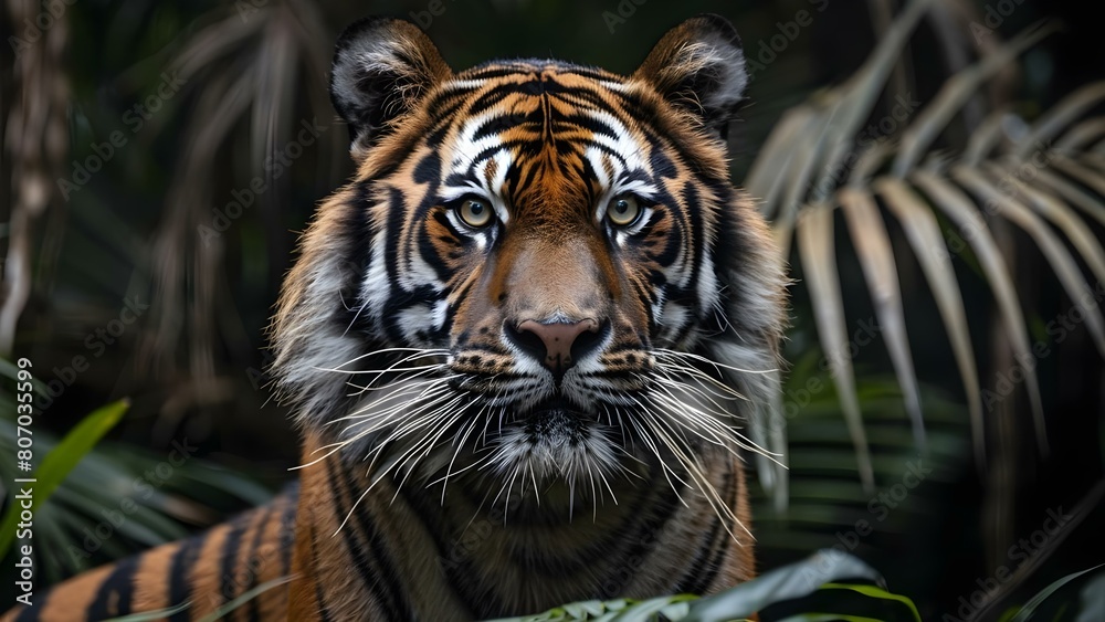 Fototapeta premium Majestic Sumatran Tiger in the Jungle: A Closeup Portrait. Concept Wildlife photography, Endangered species, Jungle habitat, Tiger conservation, Majestic animals