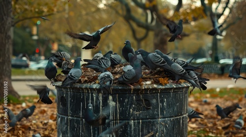 Pigeons flocking around an overflowing garbage can in a park, turning it into their private feast