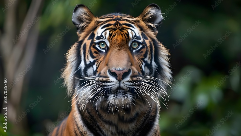 Closeup portrait of a majestic Sumatran tiger in the jungle. Concept Wildlife Photography, Majestic Animal, Close-up Shot, Jungle Setting, Sumatran Tiger