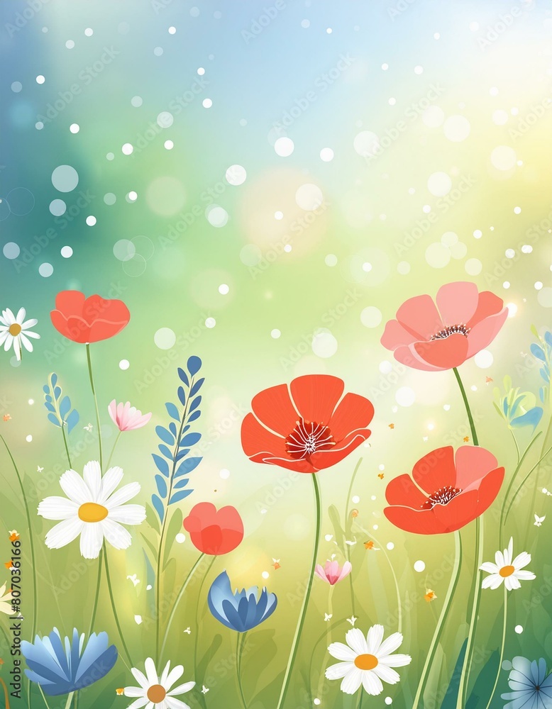 Lush meadow filled with wildflowers such as poppies, daisies, and bluebells Lush meadow filled with wildflowers such as poppies, daisies, and bluebells