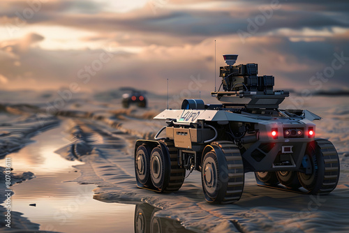 digital representations of unmanned ground vehicles, showcasing their role in reconnaissance and patrol missions in high tech style. AI photo