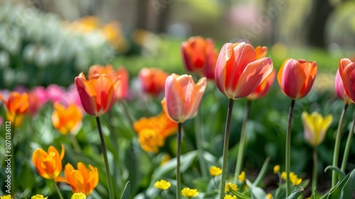 Vibrant spring blossoms  colorful flower garden in full bloom during springtime