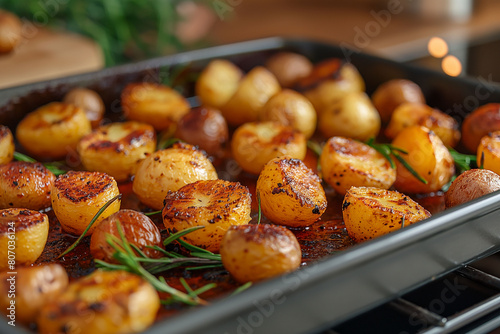 Crispy baked potato halves in an oven tray on the kitchen table. Ideal for showcasing delicious and healthy home cooked meals