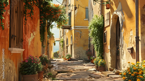 stone road with buildings beside it with ornamental plants on the walls of the buildings  like housing in Italy