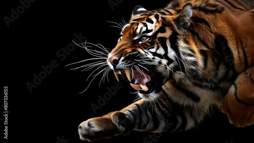 Fierce tiger midjump mouth open sharp teeth on black background. Concept Animal Photography, Wildlife Portraits, Ferocious Tiger, Jumping Motion, Black Background © Anastasiia