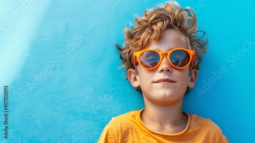 Young boy with oversized sunglasses, isolated on blue background. Playful and vibrant
