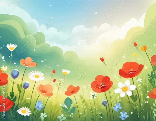 Lush meadow filled with wildflowers such as poppies, daisies, and bluebells