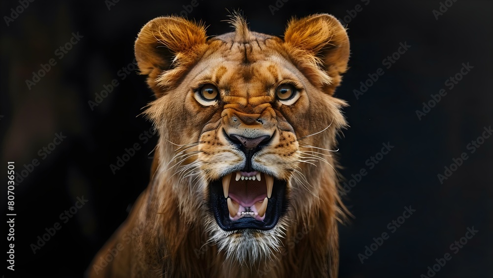 Fototapeta premium Fierce female lion displaying aggression and charging towards adversary against black backdrop. Concept Wildlife Photography, Animal Behavior, Aggression in Nature, Dramatic Encounters
