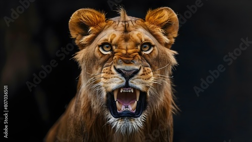 Fierce female lion displaying aggression and charging towards adversary against black backdrop. Concept Wildlife Photography  Animal Behavior  Aggression in Nature  Dramatic Encounters