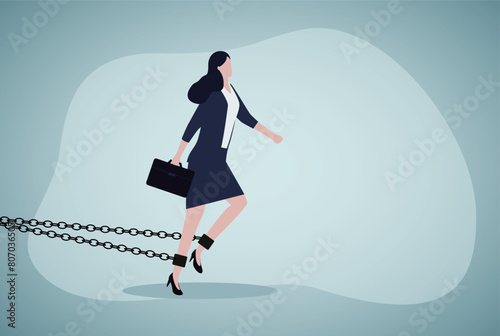 Gender barrier, woman career obstacle or inequality, limitation or discrimination, effort to overcome difficulty concept, strong businesswoman try with full effort to break chains to growing in work.