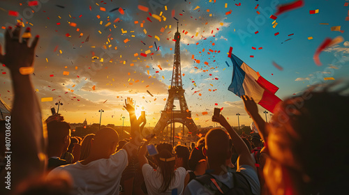 Crowd of supporters at a sports event at the Eiffel tower in Paris France, Olympic games concept photo