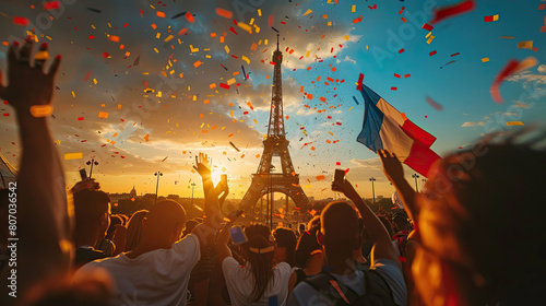 Crowd of supporters at a sports event at the Eiffel tower in Paris France, Olympic games concept