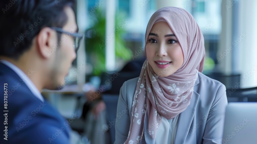 A Muslim Executive And Chinese Coworker Engage In Conversation In A Modern Office Setting, Background HD For Designer A Muslim Executive And Chinese Coworker Engage In Conversation In A Modern Office Setting, Background HD For Designer