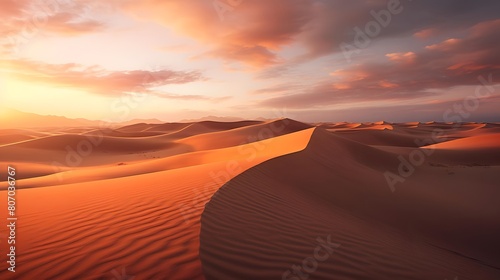 Panoramic view of sand dunes at sunset. 3d render