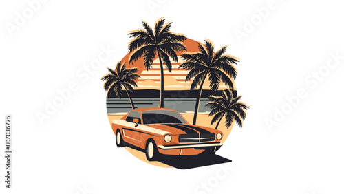 Emblem With Vintage Car on Beach, Palm Trees and Sea Background. Vector Illustration for Summer Banners. © MIMOSA