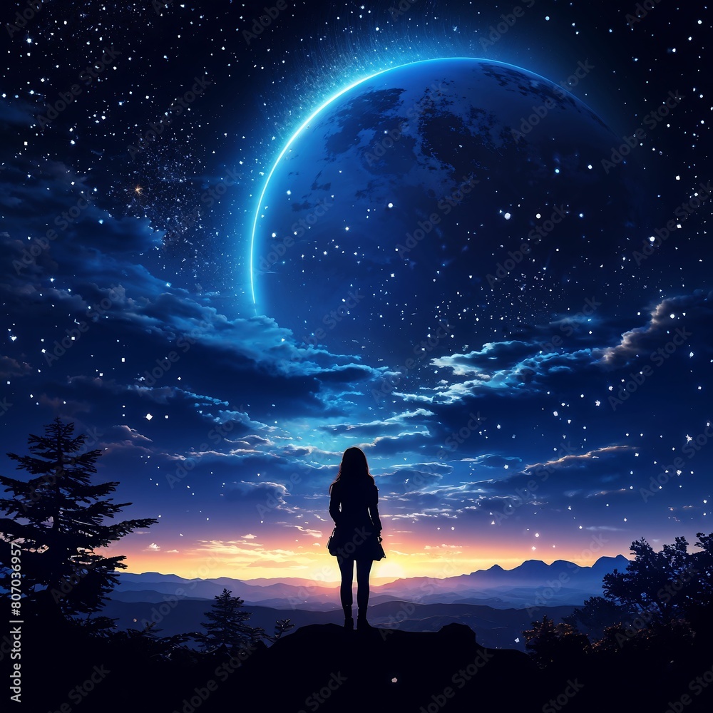 silhouette of a person in the night,Stargazing Serenity, Girl Gazing at Sparkling Starlight with Silhouetted Shadows, Illustrated Landscape of Trees and Fields,GenerativeAI
