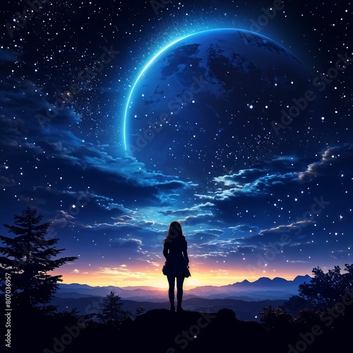 silhouette of a person in the night,Stargazing Serenity, Girl Gazing at Sparkling Starlight with Silhouetted Shadows, Illustrated Landscape of Trees and Fields,GenerativeAI 