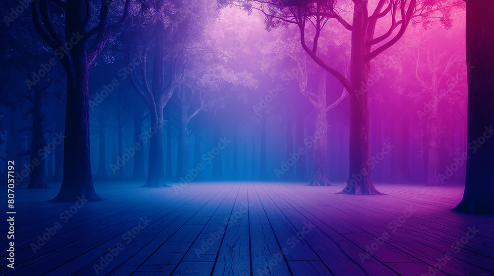 Mysterious purple forest with mist fog. Natural lights and shadows. Empty copy space for silhouette dance. Generative AI	